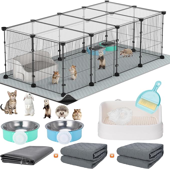 Tinnmao Rabbit Starter Kit, 20 Panels Small Animal Playpen with Top Cover, Waterproof Base Mat + 2 Washable Pee Pads + Litter Box, Indoor C&C cage for Guinea Pigs Bunny Accessories (Black Metal Frame)