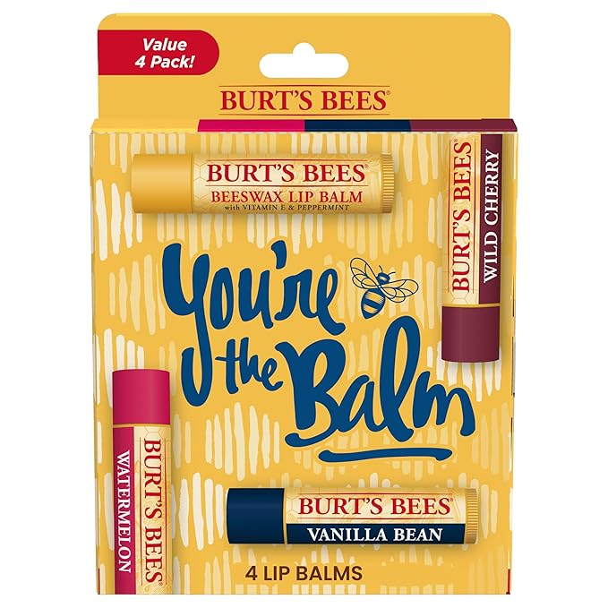 Burt's Bees You're the Balm Lip Balm Pack, With Beeswax, Wild Cherry, Watermelon and Vanilla Bean Flavors, With Responsibly Sourced Beeswax, Tint-Free, Natural Origin Lip Treatment, 4 Tubes, 0.15 oz.