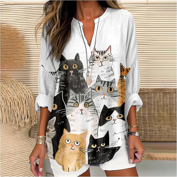 MARSVOVO Cat Shirts for Women Long Sleeve Cute Cat Pullover Graphic Novelty V Neck Blouse Oversized Funny Tunic Tops