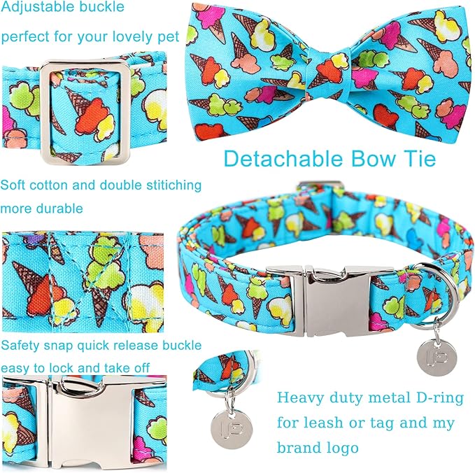 Summer Dog Collar with Bow Tie, Cotton Cute Bowtie Dog Collar, Summer Bowtie Collar for X-Large Boy Girl Dog, Comfortable Blue Dog Collar with Metal Buckle, XL