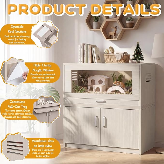 Hamster Cage with Storage Cabinet Detachable, Large Wooden Small Animal Habitat with Easy-Clean Drawer & Acrylic Panels for Guinea Pig, Rabbit, Hedgehog, Chinchilla, Beige