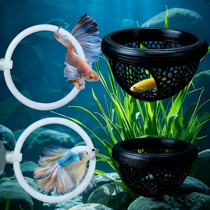 CAIJ Betta Exercise Ring & Floating Hammock Set, Aquarium Betta Fish Training and Feeding Rings, Multi-Functional Floating Resting Bed, Decorative Accessories for Small Fish Tanks Black