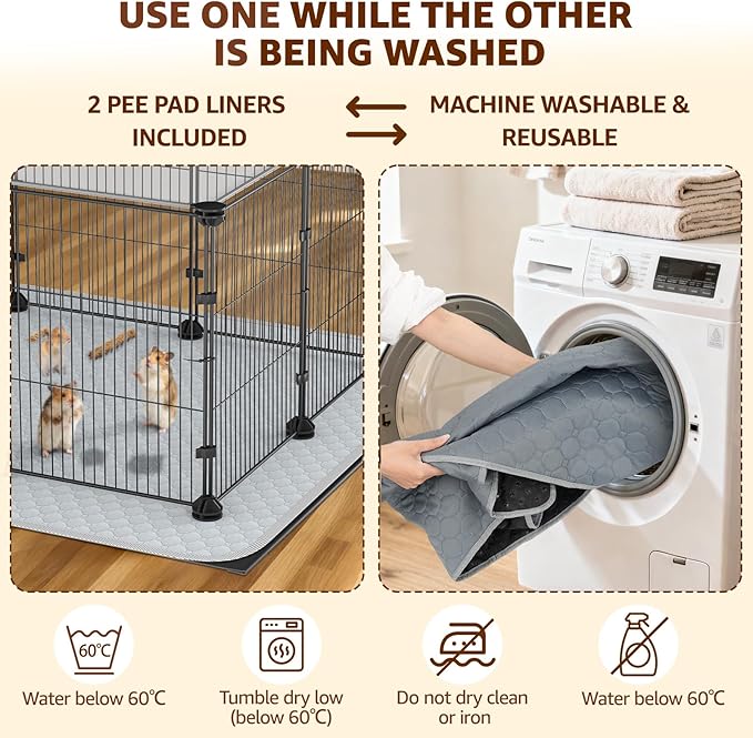 Tinnmao Rabbit Starter Kit, 20 Panels Small Animal Playpen with Top Cover, Waterproof Base Mat + 2 Washable Pee Pads + Litter Box, Indoor C&C cage for Guinea Pigs Bunny Accessories (Black Metal Frame)