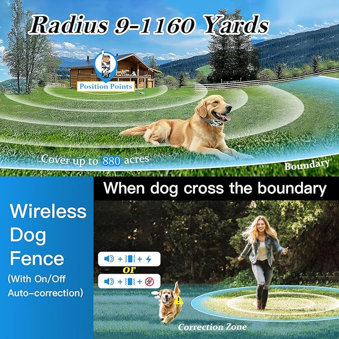 Wireless Dog Fence & Ultrasonic Training Collar -1160-Yard Adjustable Boundary for Outdoor, 6100FT Remote, 4 Modes (Beep/Vibration/Static/Ultrasonic), IPX7 Waterproof, 185-Day Standby, 2 Dogs