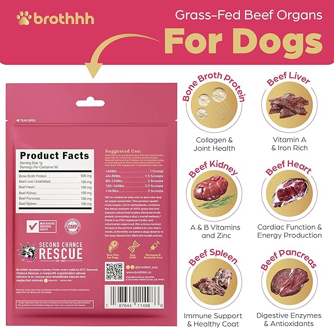 Beef Organ Bone Broth Meal Topper for Dogs - 100% Grass Fed, Veterinarian Approved, Non-GMO, Supports Joint Health, Heart Health, Vision, and Vitality - Made in The USA by Brothhh - Powder Supplement