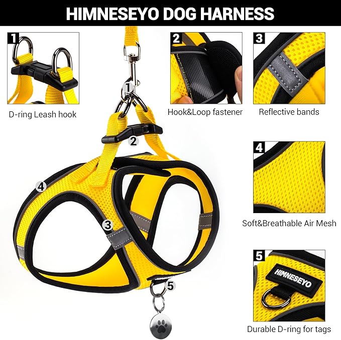 Dog Harness and Leash Set, Dog Harness for Dogs No Pull, No-Chock Step-in Reflective Breathable Lightweight Easy Walk Vest Harnesses with Safety Buckle for Small Medium Dogs, Cats (Yellow, XL)
