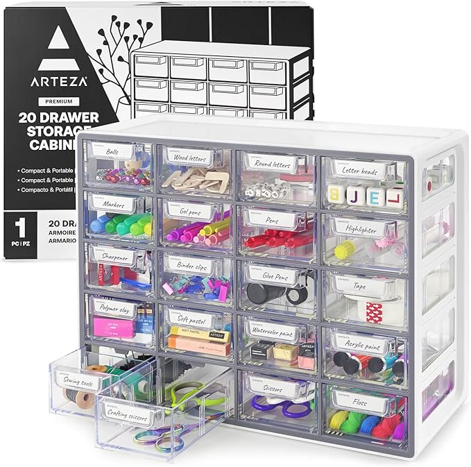 Arteza Organizer Box – Compact 20-Drawer Clear Storage Solution for Pens, Clips, Sewing & Craft Supplies – High-Impact Plastic, Home, Office & Classroom Organization – Gray