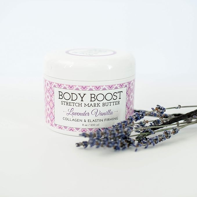 Body Boost Lavender Vanilla Stretch Mark Butter 8 oz.- Helps Treat Stretch Marks and Scars- Pregnancy and Nursing Safe- with Shea Butter