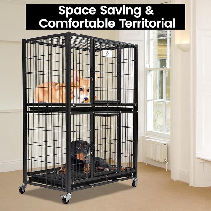 Homey Pet Four Packs 31 Inch Stackable Heavy Duty Dog Crate Cage Kennel with Four Lockable Wheels, Removable Tray, Escape Proof Wire Drop Dog Crates for Small Dogs (Two Tiers)