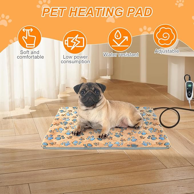 Dog Heating Pad 28×18 in Waterproof PVC Pet Heating Pad, Adjustable Thermostat+Constant On Function, Metal Protective Tube Comes with a Plush Cotton Sleeve，Whelping Box-Apricot