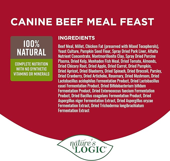 Nature's Logic Dry Dog Food - 100% Natural - No Synthetics - for All Ages, Sizes, Breeds - Free from Common Allergens, High Protein - Beef Meal Feast, 25lbs