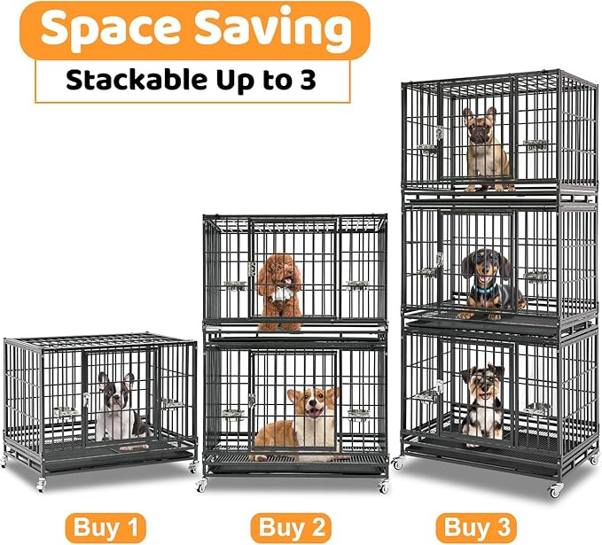 Homey Pet 37 Inch Heavy Duty Dog Crate for Medium Dogs, Stackable Dog Cage with Four Lockable Wheels, Removable Tray & Grid, Open Top, Escape Proof Dog Kennel Indoor