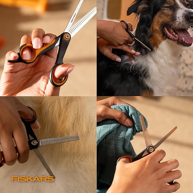 Fiskars Pet Scissors, Dog and Cat Grooming Scissors, Serrated Teeth for Thinning & SoftGrip Handle, Cat and Dog Supplies, 6.5”, Orange/Black, Blending Scissors