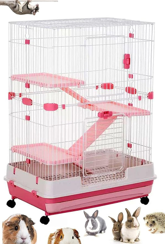 Pink X-Large 32”L in/Outdoor Small Animal Squirrel Ferret Rabbit Home Hutch Small Animal Cage with Paw Safe Platform Ladder Bottom Mesh Floor Easy Pull Out Washable Tray Lockable Wheels