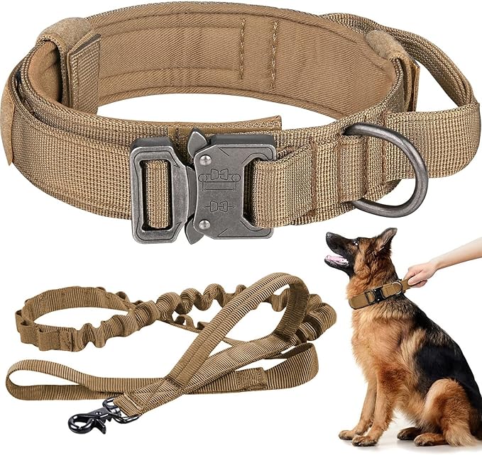 Tactical Dog Collar and Leash Set Heavy Duty Military Dog Collar with Handle and Metal Buckle for Medium and Large Dogs (Brown, XL)