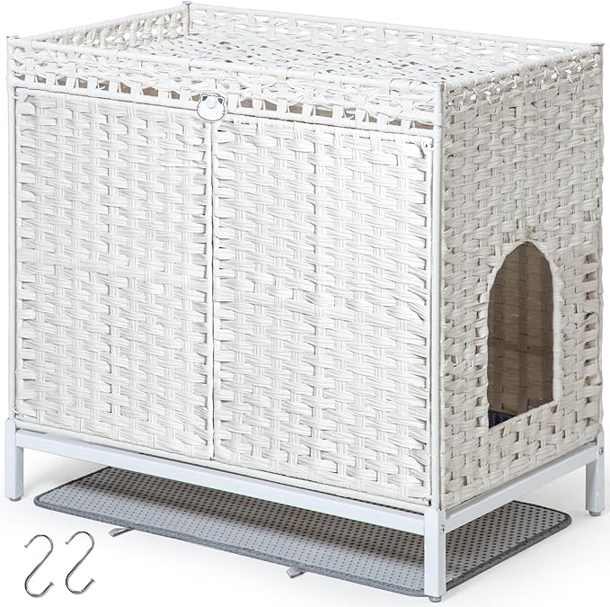 Cat Litter Box Enclosure Furniture, Hidden Handwoven Rattan Litter Box with Mat, Large Cat House with Metal Heightened Feet, 30.3 x 18.3 x 28 Inches, Indoor for Living Room, Bedroom White