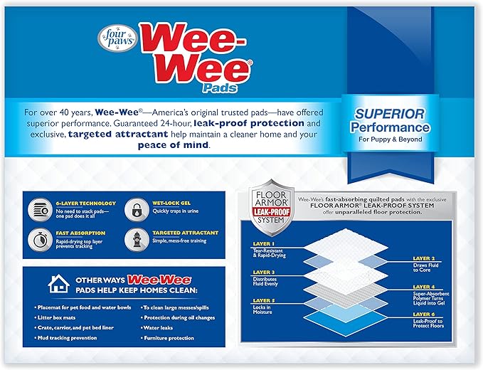 Four Paws Wee-Wee Superior Performance Unscented Pee Pads for Dogs & Puppies, Quilted Leak-Proof Dog Housebreaking Potty Training Floor Protection, 22" x 23", 200 Count