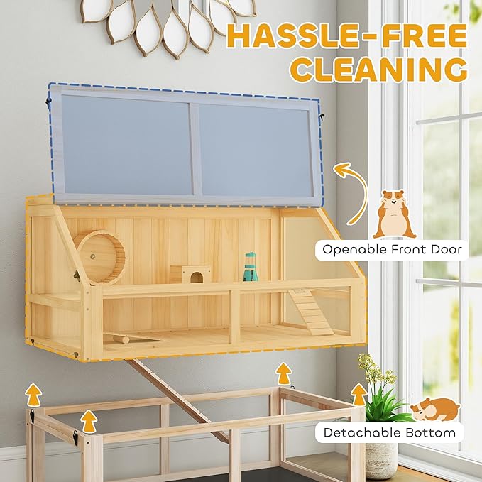 PawHut Wooden Hamster Cage, 3 Tier Small Animal Cage with Detachable 12.4" Deep Bottom, Hut, Seesaw, Exercise Wheel, Ramps, Hamster Habitat for Dwarf, Gerbil, 37" x 21" x 30"