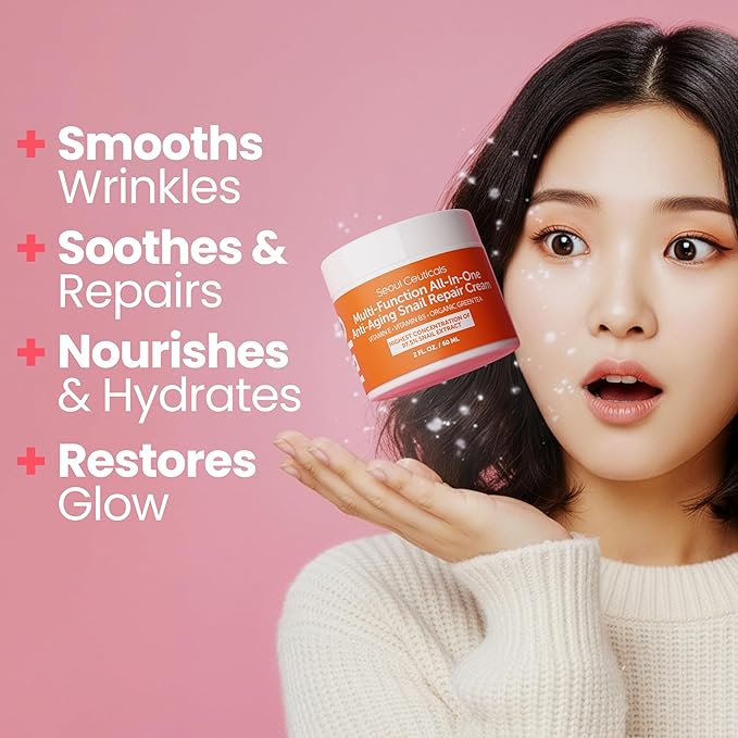 SeoulCeuticals Snail Mucin Moisturizer 97.5% - Korean Skin Care Snail Repair Cream - Day & Night Anti Aging K Beauty Skincare Cruelty Free 2oz (Pack of 2)