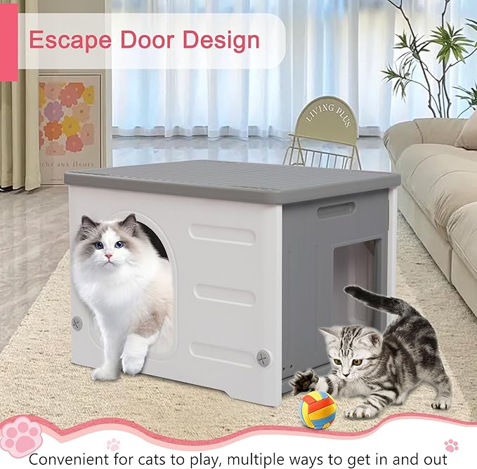 Rockever Plastic Cat House Outdoor with Escape Door, Waterproof Feral Cat House Outdoor Indoor, Sturdy Cat House for Outdoor Cats with Cat Bed Mat, Assemble Easily-Grey