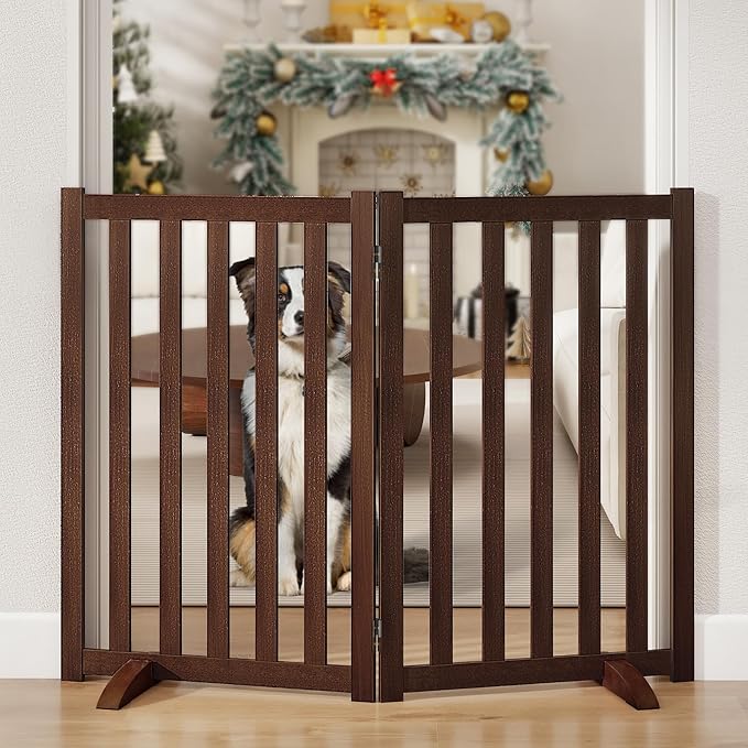 30" Height Tall Freestanding Pet Gate, Solid Wood Folding Safety Fence Wooden Dog Gate with 2 PCs Support Feet Ideal for Stairs, Doorways, Halls, Kitchens, Heavy Duty Gates, 2 Panels, Walnut