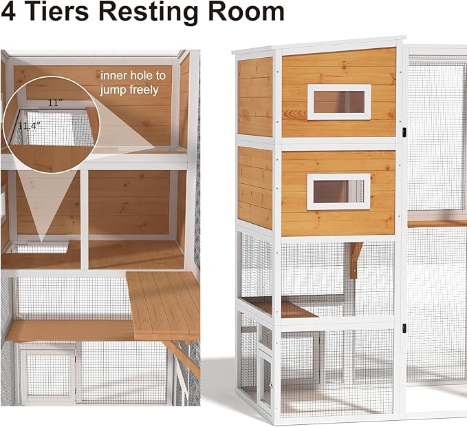 Catio Outdoor Cat Enclosure, Large 4 Tiers Cat Catio Connect to Window for Outdoor Indoor Cats with Weatherproof Roof, Resting Rooms, Platforms, Large Door, 76" L x 32.9" W x 70.8" H, White
