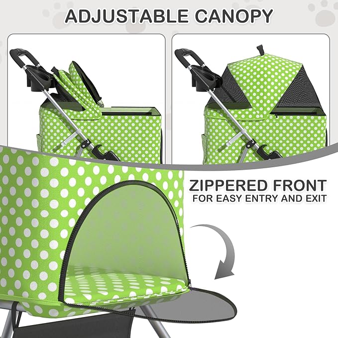 MoNiBloom 3 in 1 Foldable Pet Stroller for Small & Medium Dogs, Detachable Carrier, Car Seat, Push Button Entry, 4-Wheel Jogger for Pets up to 33 lbs, Lawn Green Polka Dots