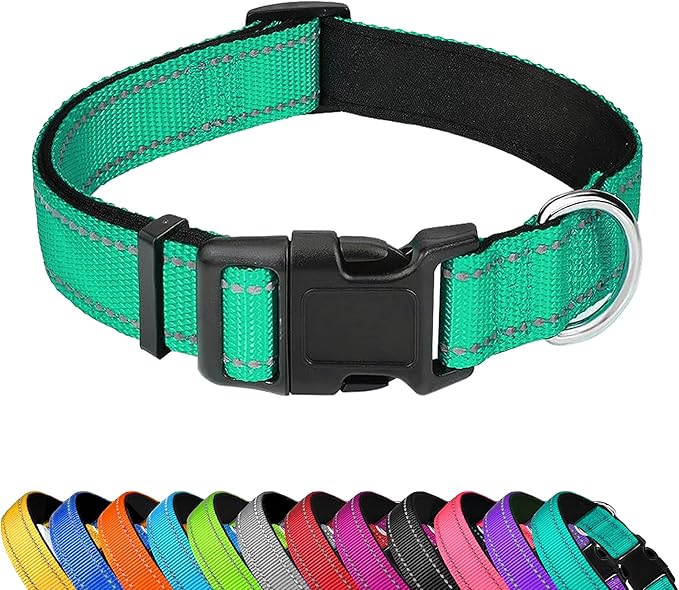 Reflective Dog Collar, Adjustable Soft Neoprene Padded Nylon Pet Collars with Buckle for Large Dogs, Grass Green,L