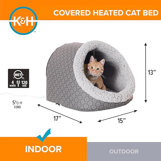 K&H Pet Products Heated Cat Bed - Thermo-Pet Cave for Large Cats, Indoor Heated Pet Bed for Dogs & Cats, Covered Cave Pet Tent, Collapsible, Machine Washable, Safety Listed - 17 X 15 X 13in Gray