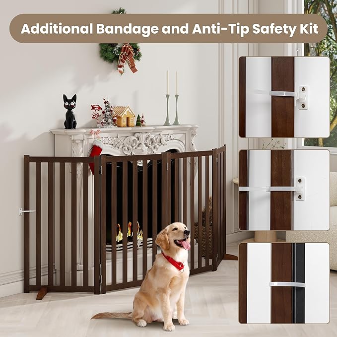 Wire Dog Gate Solid Wood Frame, 36" Height, Anti-Chewing Pet Gate Indoor Freestanding Indoor Foldable Dog Fences for Stairs, House, Doorway Extra Wide, 4-Panel, 60" Wide, Walnut