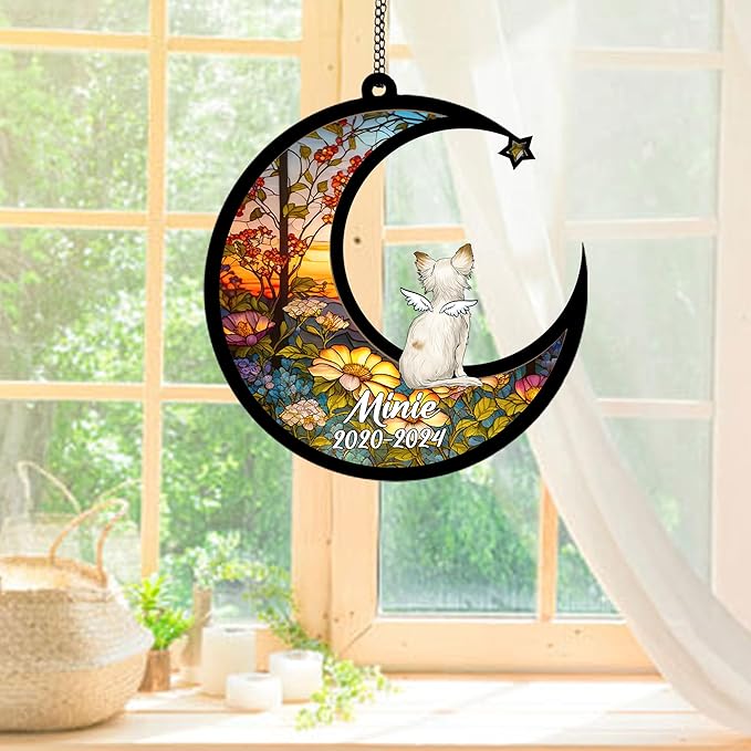 Personalized Chihuahua Longhaired (White) Sun Catcher, Dog Memorial Gifts, Custom Chihuahua Longhaired (White) with Wings Ornament Christmas Tree, Loss of Dog Sympathy Gift Memorial Suncatchers