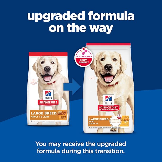 Hill's Science Diet Large Breed Light Adult Dry Dog Food 1-5, Quality Protein for Weight Management Support, Chicken & Barley, 15 lb. Bag