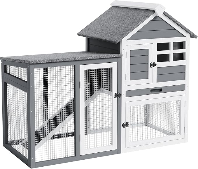 2-Story Rabbit Hutch, Small Wooden Chicken Coop, with Waterproof Roof, Pull Out Tray and Anti-Slip Ramp, Bunny Cage for Indoor Outdoor (45.28" L x 20.08" W x 36.61" H)