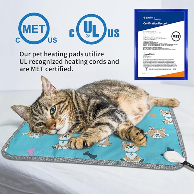 Cat Heating Pad Round-D16in Pet Heating Pads for Cats Waterproof Smart Thermostat Switch, Adjustable Heated Cat Bed,Adding Wire Rope Wires -Blue