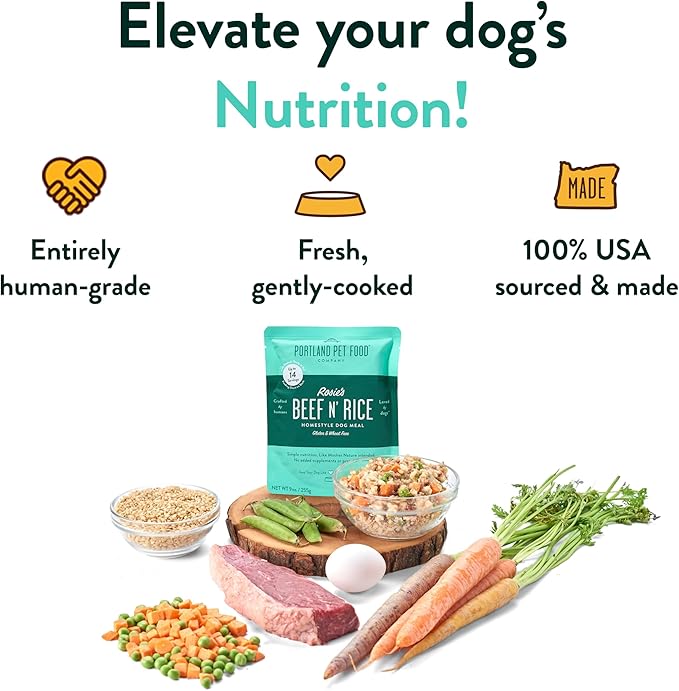 Portland Pet Food Company Fresh Dog Food Pouches - Human-Grade Toppers Wet Pet Meal & Mixers - Small & Large Breed Puppy & Senior Dogs - Gluten-Free, Limited Ingredient Rosie’s Beef N' Rice - 8 Pack