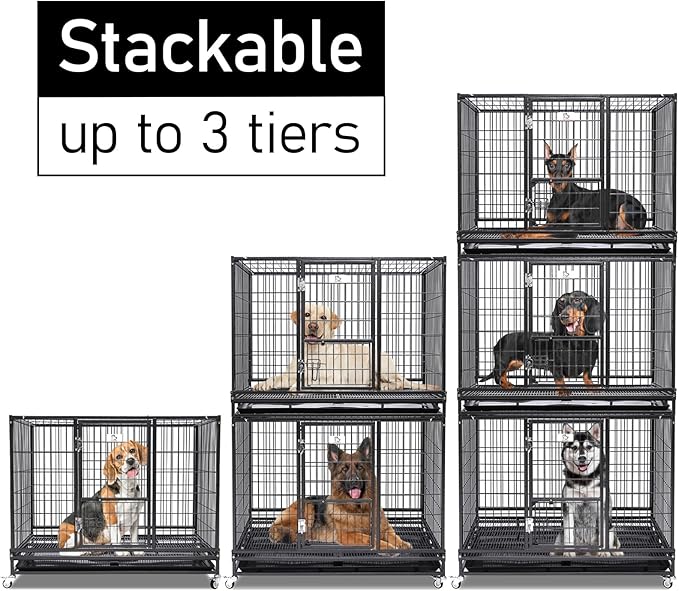 Homey Pet 43" Stackable Heavy Duty Dog Crate Cage Kennel with Feeding Door, Four Lockable Casters, Removable Tray and Grid, Escape Proof Dog Crate for Large Dogs(Two Tiers)