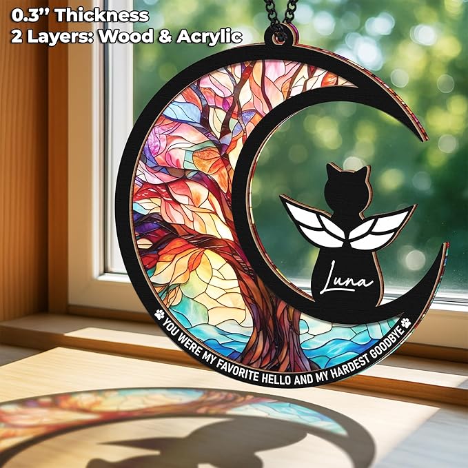 6" DIY Cat Angel Memorial Suncatcher, Engraved Pet Memorial Ornament, Pet Sympathy Keychain, Loss of Animal Sympathy Card, Rainbow Bridge Cat Loss Gift, My Favorite Hello Hardest Goodbye PS191