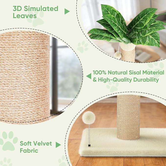 XiaZ Cat Scratching Post 34'' Tall, Cat Scratchers Tree Tower for Indoor Kitten with Extra Wide 15.8" Stable Base and 2 Toy Balls, Natural Sisal & Plush Fabric for Small, Medium Cats (Beige, 2.8in)