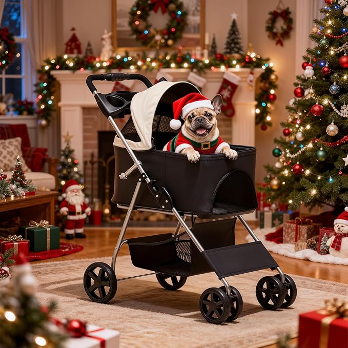 MoNiBloom 3 in 1 Foldable Pet Stroller for Small & Medium Dogs, Detachable Carrier, Car Seat, Push Button Entry, 4-Wheel Jogger for Pets up to 33 lbs, Black