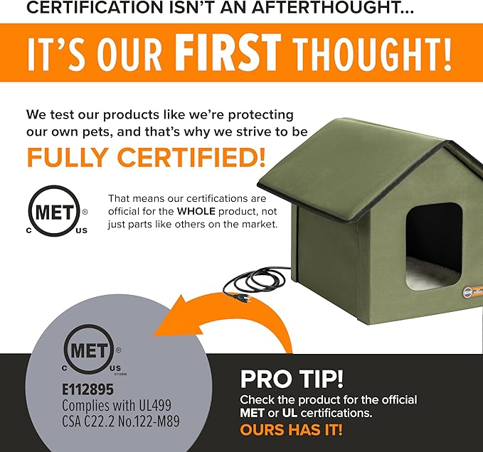 K&H Pet Products Heated Outdoor Cat House for Outside Pets in Winter, Weatherproof Outdoor House for Ferals, Insulated Kitty Shelter, 2 Doors, Waterproof Heated Cat Bed, Safety Listed - Olive/Olive