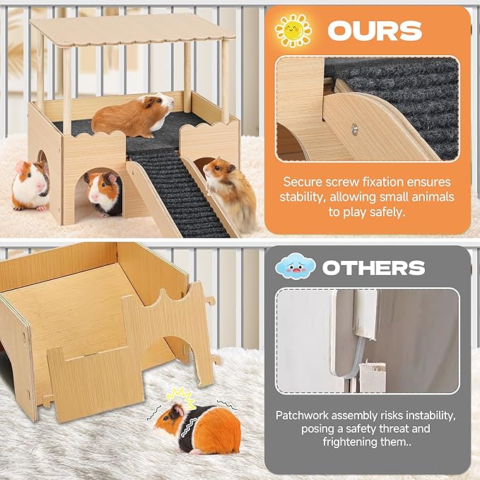 Wooden Guinea Pig Hideout Castle with Stairs,Small Animal Bed Hut Habitats Spacious 2-Level Detachable Small Pet House for Rabbits, Hamsters & Chinchillas Bunny (Updated Grey)