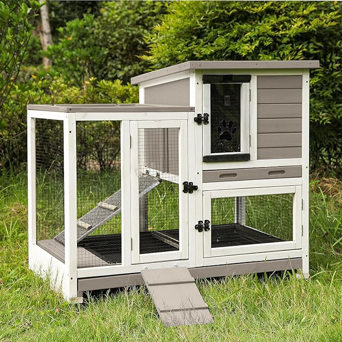 Indoor Outdoor Rabbit Hutch, Bunny Cage on Wheels with 2 Deep No Leakage Pull Out Trays (Mocha Color)
