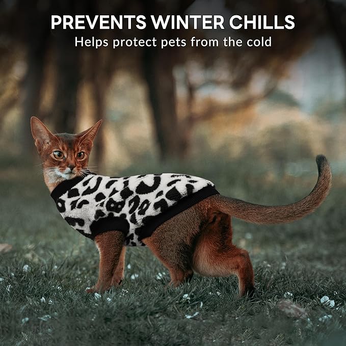 PUMYPOREITY Winter Warm Cat Sweater - Super Soft & Elastic Knit with Plush Fleece, Easy-On Design with Ribbed Neck & Cuffs, Stretchy Cat Outfit for Indoor/Outdoor Use,Black Leopard, L
