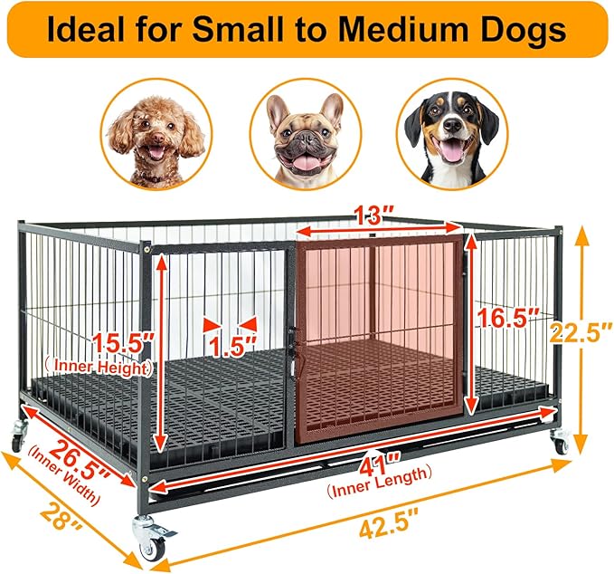 Homey Pet 43 Inch Metal Wire Dog Whelping Box for Puppies + Stackable Heavy Duty Dog Crate Cage Kennel with Wheels, Divider, Plastic Floor Grid and Tray for Medium/Small Sized Dogs