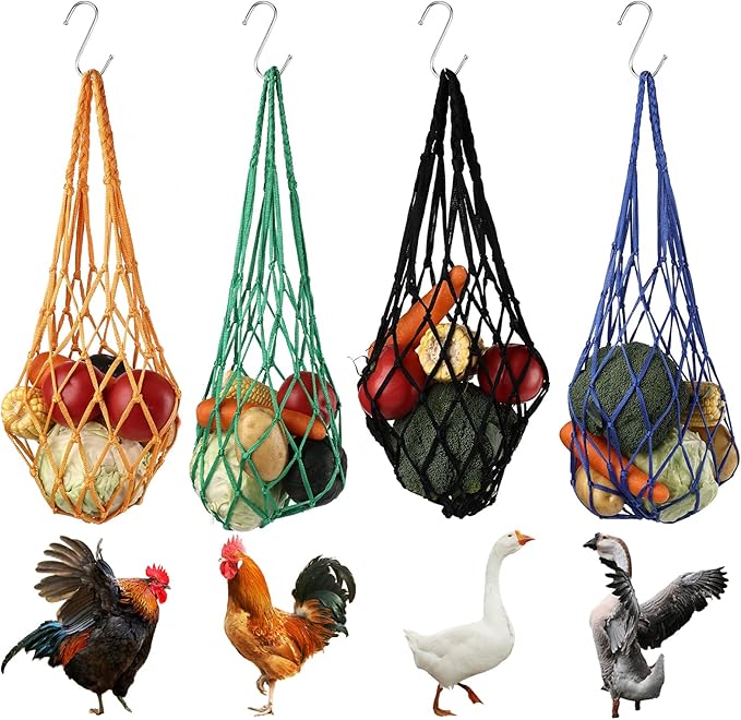 4 Pcs Chicken Vegetable Hanging Feeder String Bag, Chicken Treat Holder Feeding Toy with Hook for Poultry