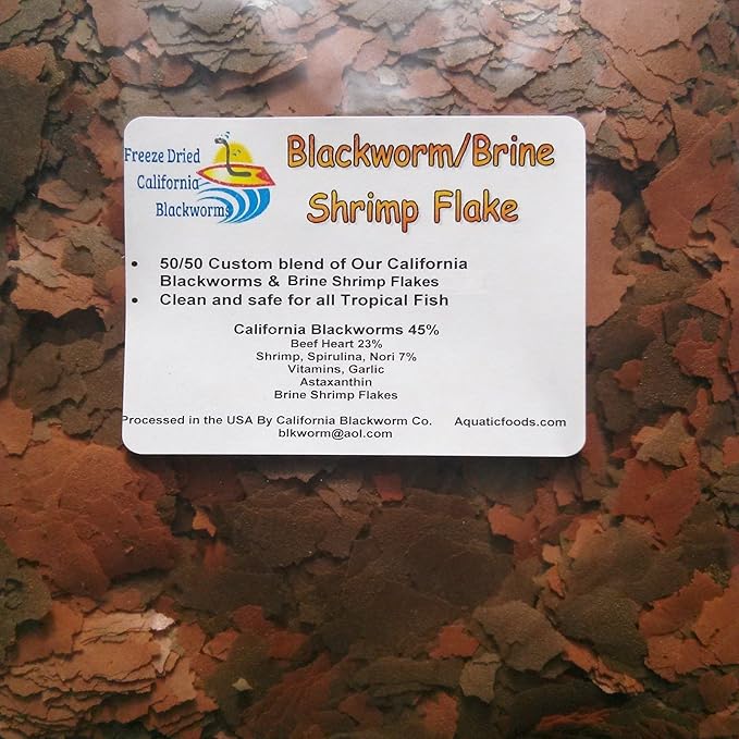 Aquatic Foods Inc. Flakes - 45% California Blackworm & Brine Shrimp Flake Mix for Angels, Discus, Cichlids, Tetras, Guppies, Live Bearers, All Community Tropical Fish - Premium AF Flakes - 1/4-lbs