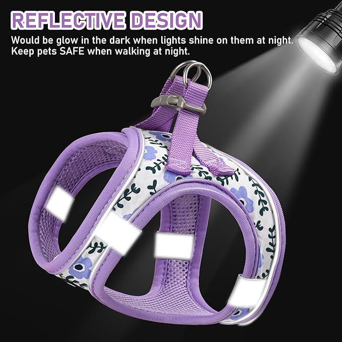GAMUDA Small Dog Harness Collar and Leash Set, Step in No Chock No Pull Soft Mesh Adjustable Dog Vest Harnesses Plaid Reflective for Dogs Puppy Cats Kitten Rabbit (Purple Flower, M)