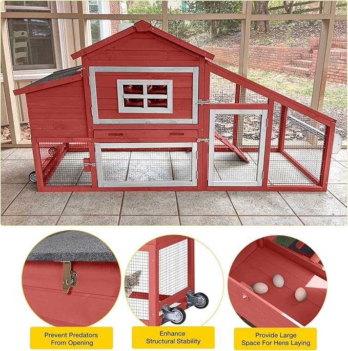 Aivituvin Chicken Coop Outdoor with Wheels, Mobile Hen House Wooden Poultry Cage with Run & Waterproof Roof (Red)