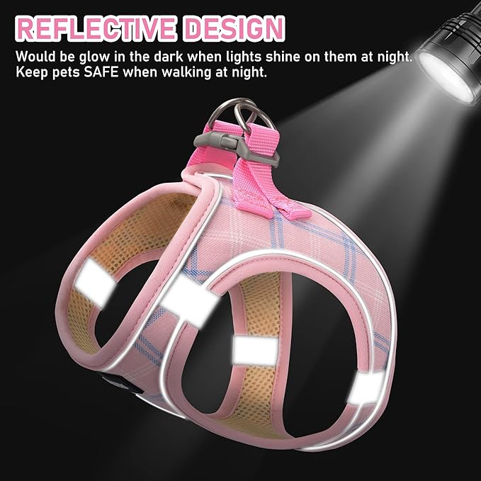 GAMUDA Small Dog Harness Collar and Leash Set, Step in No Chock No Pull Soft Mesh Adjustable Dog Vest Harnesses Plaid Reflective for Dogs Puppy Cats Kitten Rabbit (Pink, L)