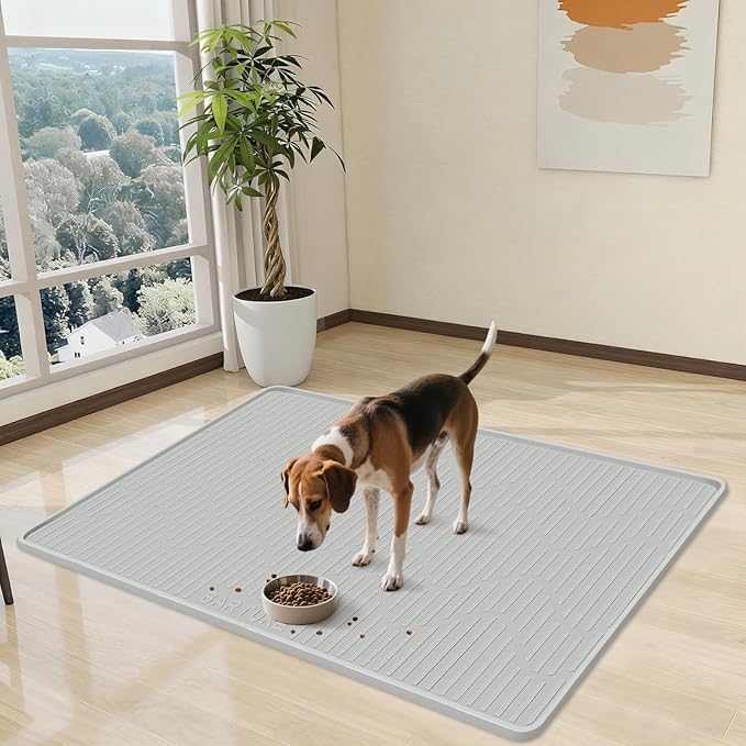 Silicone Cat & Dog Food Mat, 32" x 22" Large Pet Feeding Mat for Cats and Dogs Bowl, Pet Placemat for Food and Water with Raised Edge, Waterproof, Leakproof (Grey)
